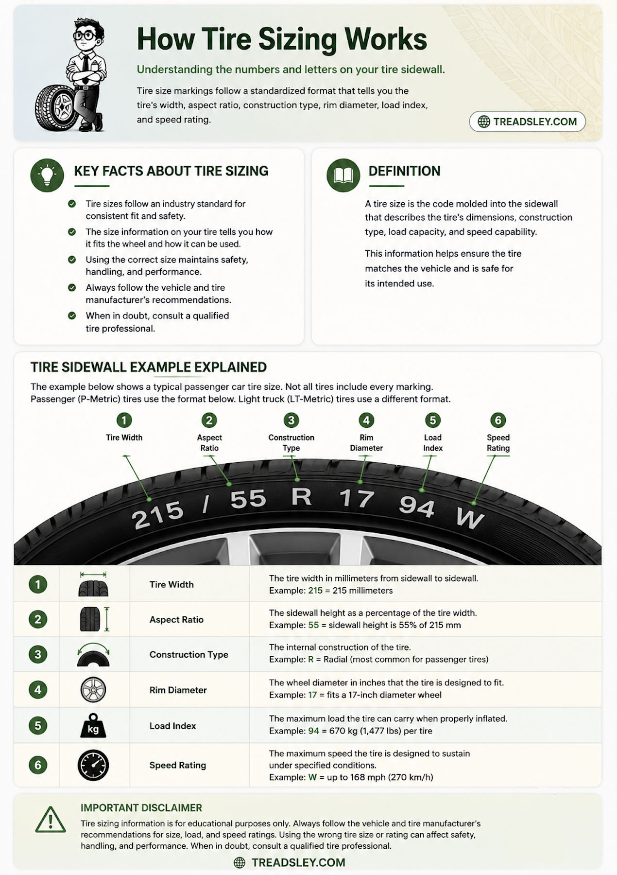 Treadsley visual guide explaining how to read tire size markings on a tire sidewall, including width, aspect ratio, construction type, rim diameter, load index, and speed rating.